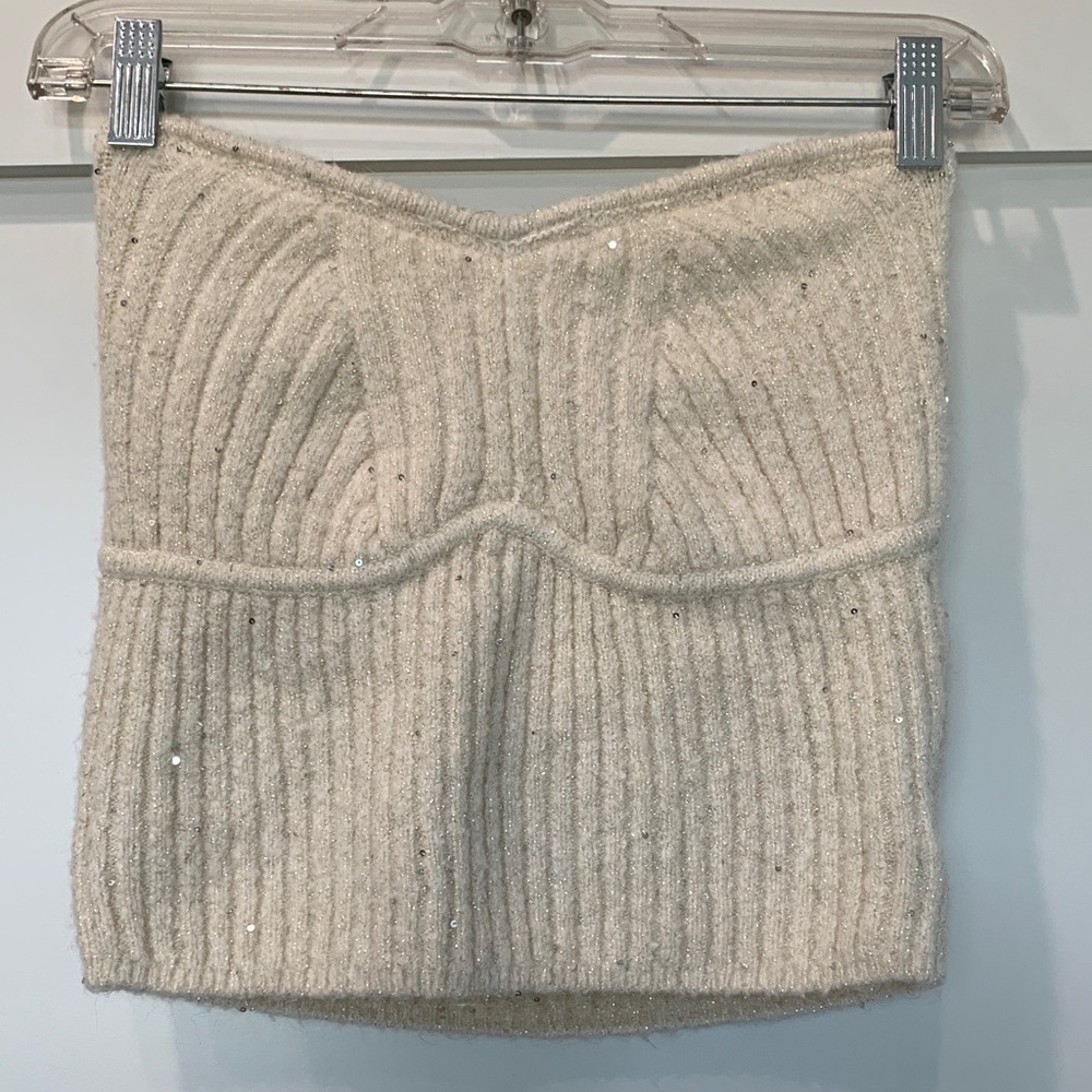 Free People Cream Ribbed Sequin Crop Sweater